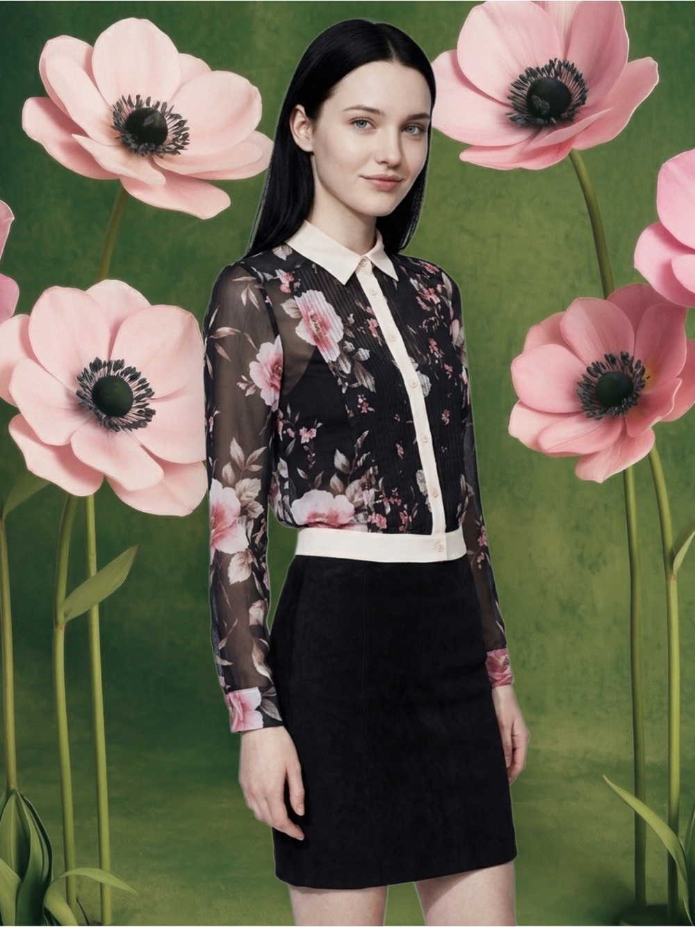 Alice + Olivia Black Sheer Floral Button-Front Blouse with Cream Trim
